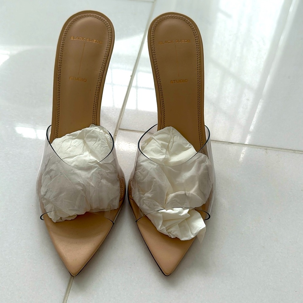 Black suede heeled sandal. Size 9. Clear mule sandal